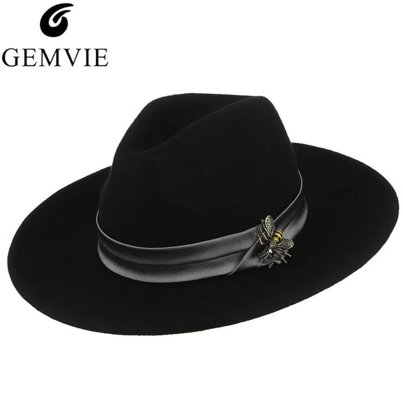 Шляпы для мужчин и женщин с подвеской в виде пчелы, джазовая Кепка GEMVIE унисекс, Классическая однотонная шерстяная шляпа с широкими полями, одноцветная джазовая шляпа