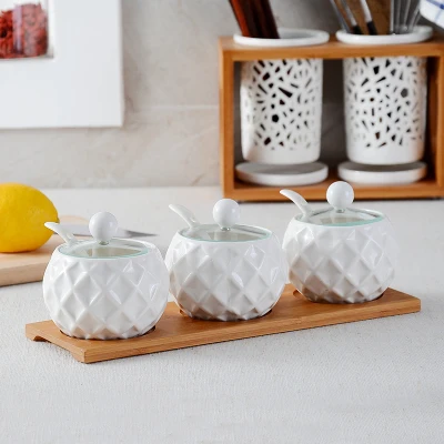 3 pcs in 1 glass lid Птичье гнездо дизайн сахарница домашняя кухня Ceramica для соли и специй горшок банки для специй с ложками - Цвет: 3 pcs in 1 glass lid