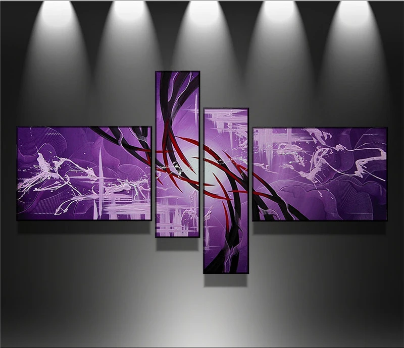 

100%Hand-painted 4 pcs/set Modern Abstract Art Purple Oil Painting Picture on Canvas Wall For Home Decoration (Free shipping)