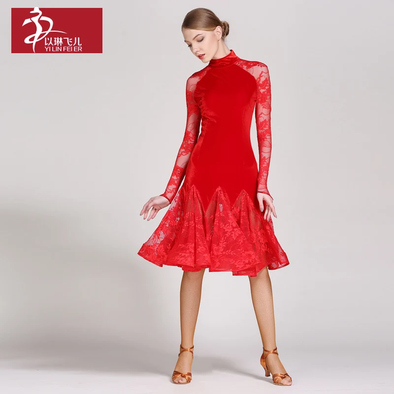 Бархатный лиф с длинными кружевными рукавами современное танцевальное платье