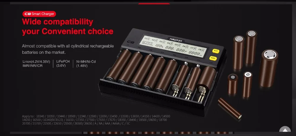 Зарядное устройство 18650 Miboxer 8 слотов 4 слота ЖК-дисплей 1.5A для Li-Ion LiFePO4 Ni-MH Ni-Cd AA 21700 20700 26650 18350 17670