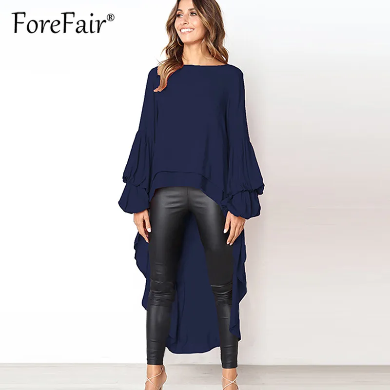 Женская Длинная блузка с длинным рукавом круглым вырезом и оборками|Блузки| |