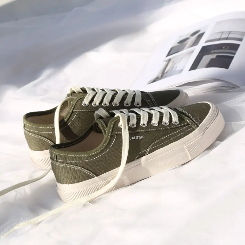 Army Green Однотонная женская парусиновая обувь; Новое поступление; неглубокие кружевные дышащие женские повседневные кроссовки; женская обувь для отдыха на платформе - Цвет: Army Green