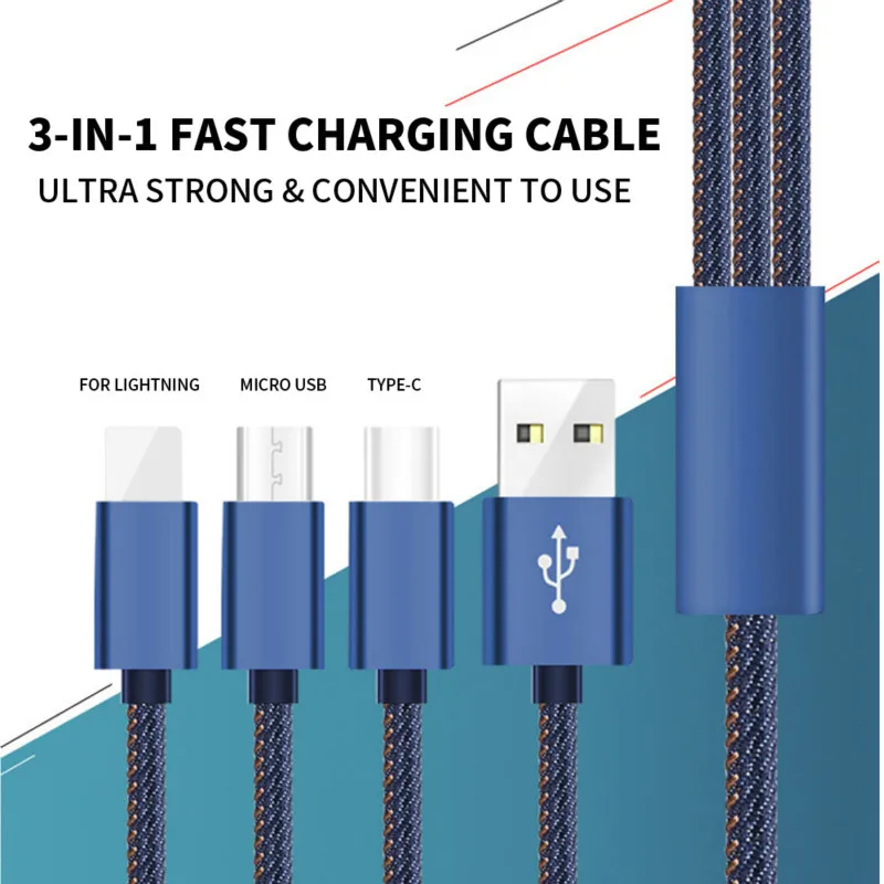 VOXLINK USB кабель 3 в 1 для iPhone 6S MAX XS джинсовое зарядное устройство Micro usb кабель для Android usb type C кабели для мобильных телефонов
