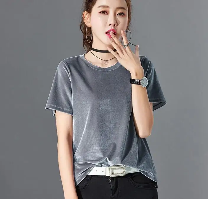 2022 Summer Gold Velvet Crop Tops Women T Shirt Fashion O-neck Short Sleeve T-shirt Ladies Casual Velour Tees | Женская одежда