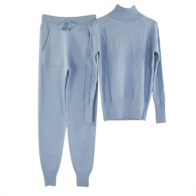 Light Blue Женский утепленный вязаный костюм MVGIRLRU, мягкий костюм со свитером с переплетением и высоким воротником и с широкими брюками, спортивный костюм - Цвет: Light Blue