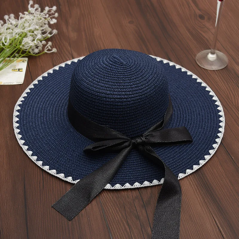 2018 Women Summer Sun Hats Ladies Black Embroidery Wide Brim Straw Outdoor Beach Lace-up Bow Panama Bone Feminino | Аксессуары для