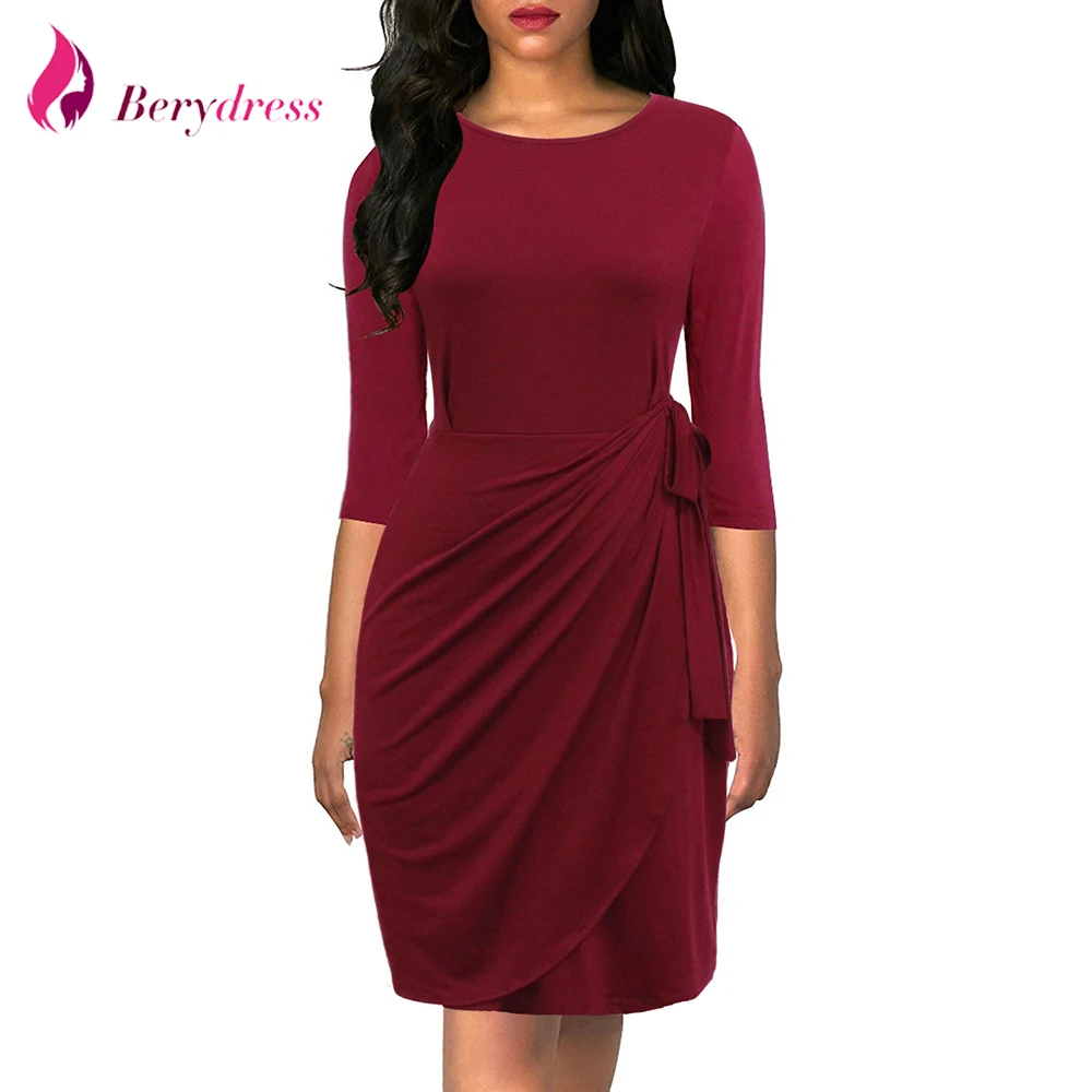 Berydress винтажное платье с круглым вырезом рукавом 3/4 облегающее Бордовое рюшами