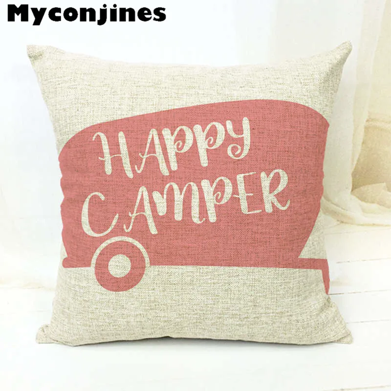 Happy Campers Adventure Waiting For Car Trip Чехлы для подушек Hawaii Travesseiro Camping 17*17 дюймов хлопковые льняные наволочки