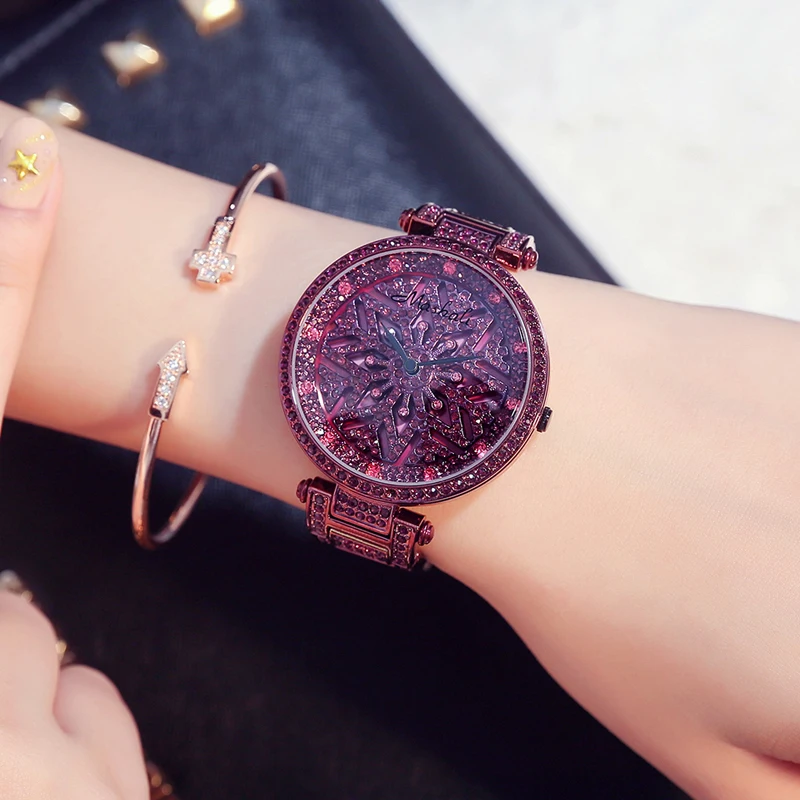 Часы для бега с бриллиантовым камнем женские фиолетовые стальные часы часов