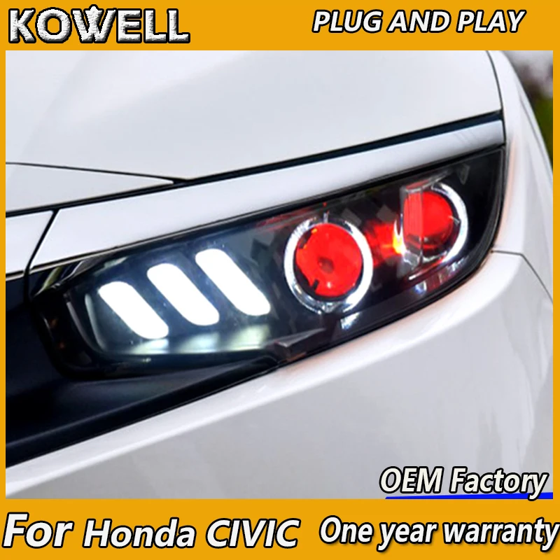 

KOWELL Car Styling for Honda CIVIC X 10th 2016 2017 Headlight LED Headlight Red ANGEL EYE DRL Bi-Xenon Lens dynamic turn signal