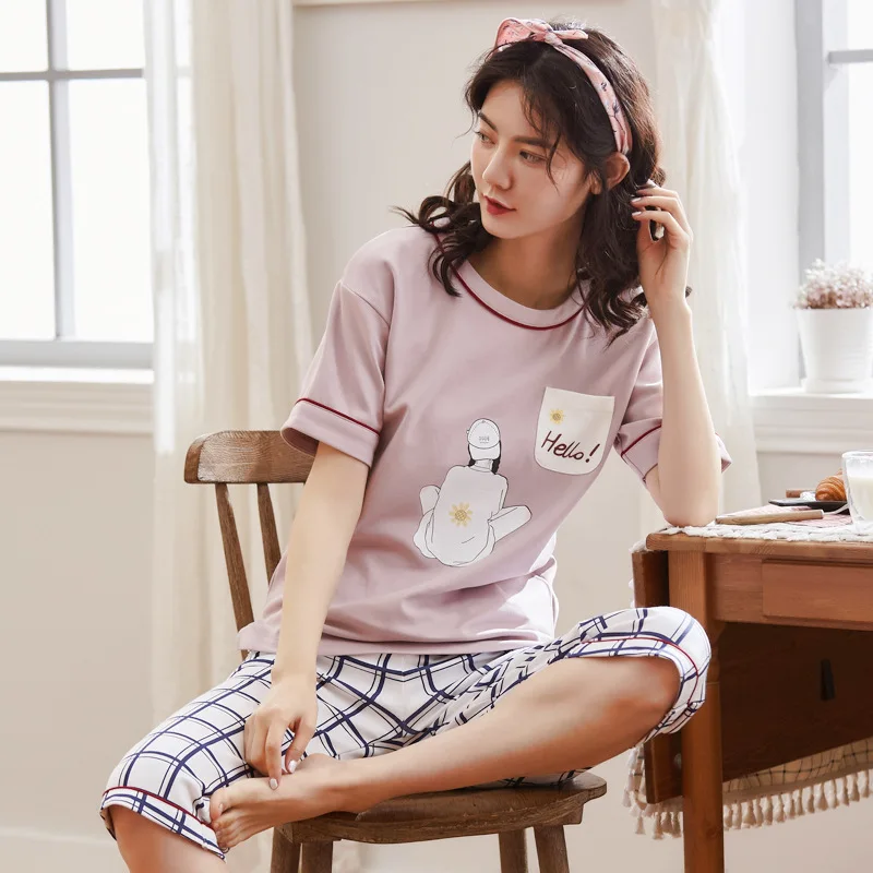 

Women ladies pajamas summer Korean cotton fresh cute short sleeve calf length pants comfortable casual two piece pajama sets
