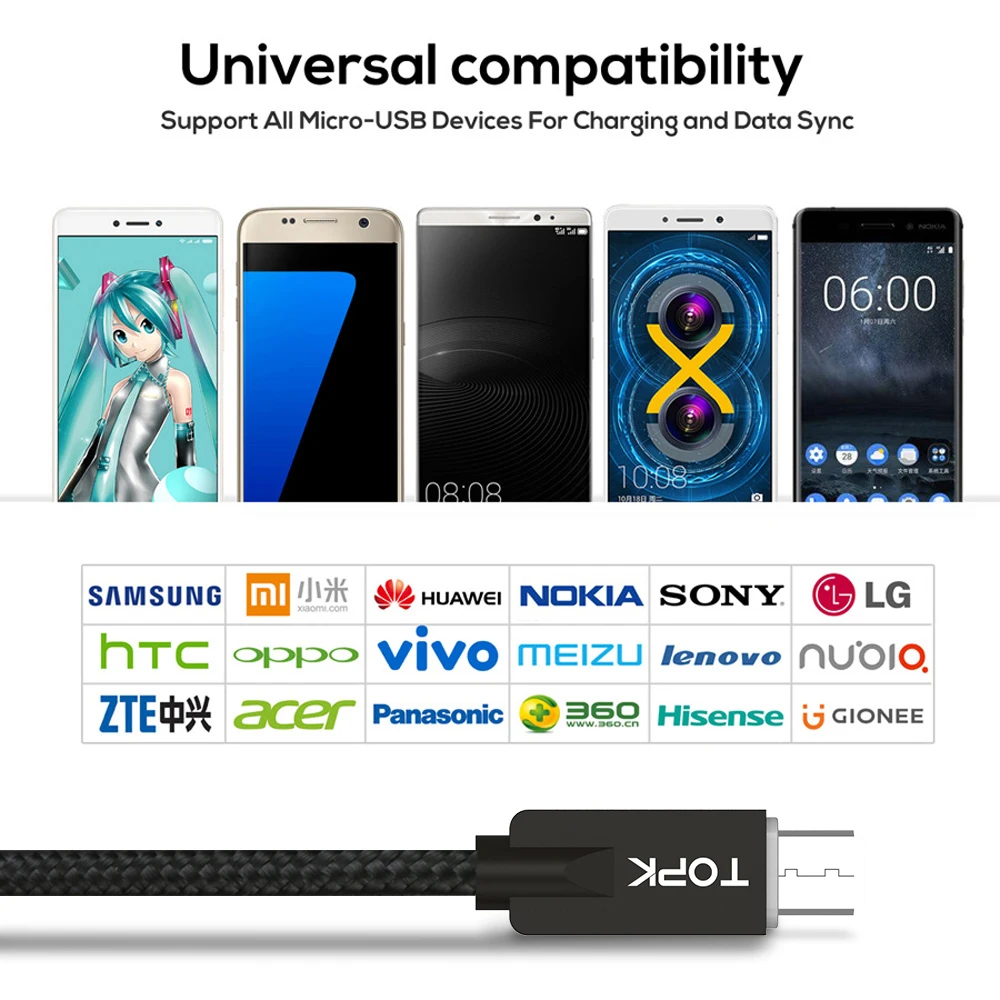 TOPK светодиодный кабель Micro USB из цинкового сплава с нейлоновой оплеткой 2 0 для