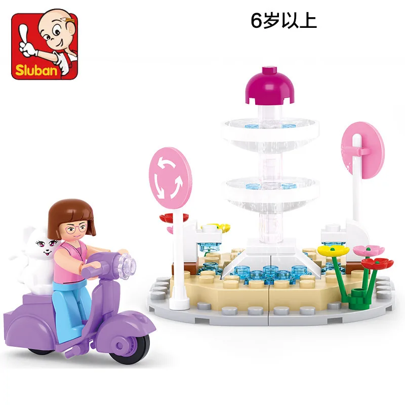 Sluban m38-b-0519 Розовая мечта серии девушка мотоцикл кошка фонтан Building Block Наборы для