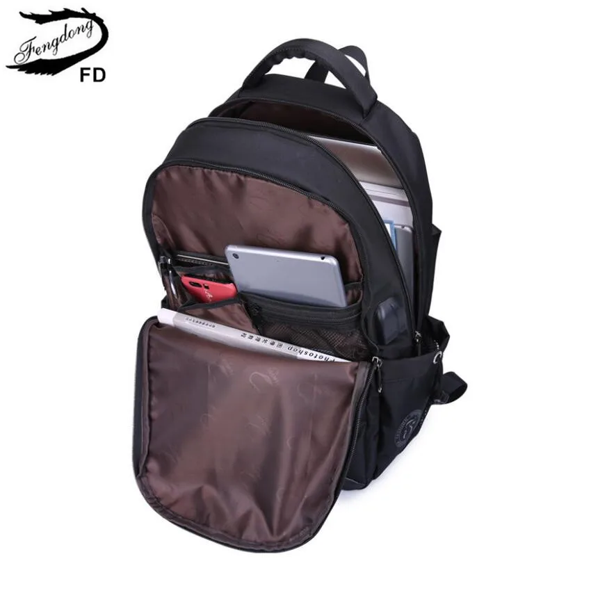 Мужской рюкзак с защитой от кражи Fengdong черный водонепроницаемый для ноутбука usb