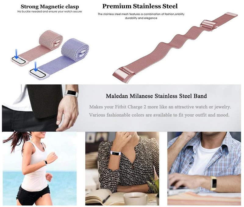 Stainless Steel Magnetic Milanese Loop Band for Fitbit Charge 2 Replacement Quick Release Wristband Strap for Fitbit Charge 3