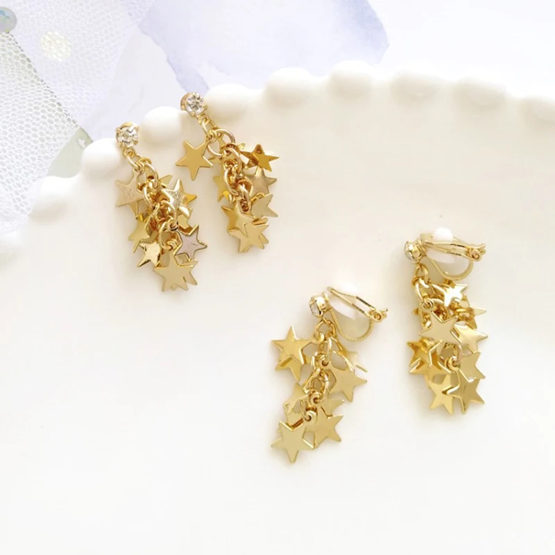 Женские серьги клипсы в Корейском стиле золотистые/Серебристые звездочки без