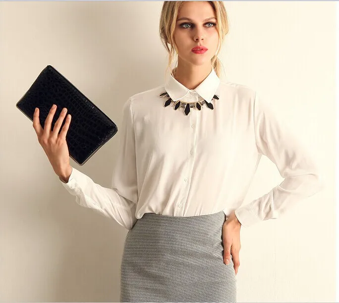 Белый Blusas Femininas, женская рубашка, шифоновые топы, элегантные женские официальные офисные блузки, 5 цветов, рабочая одежда размера плюс - Цвет: Белый