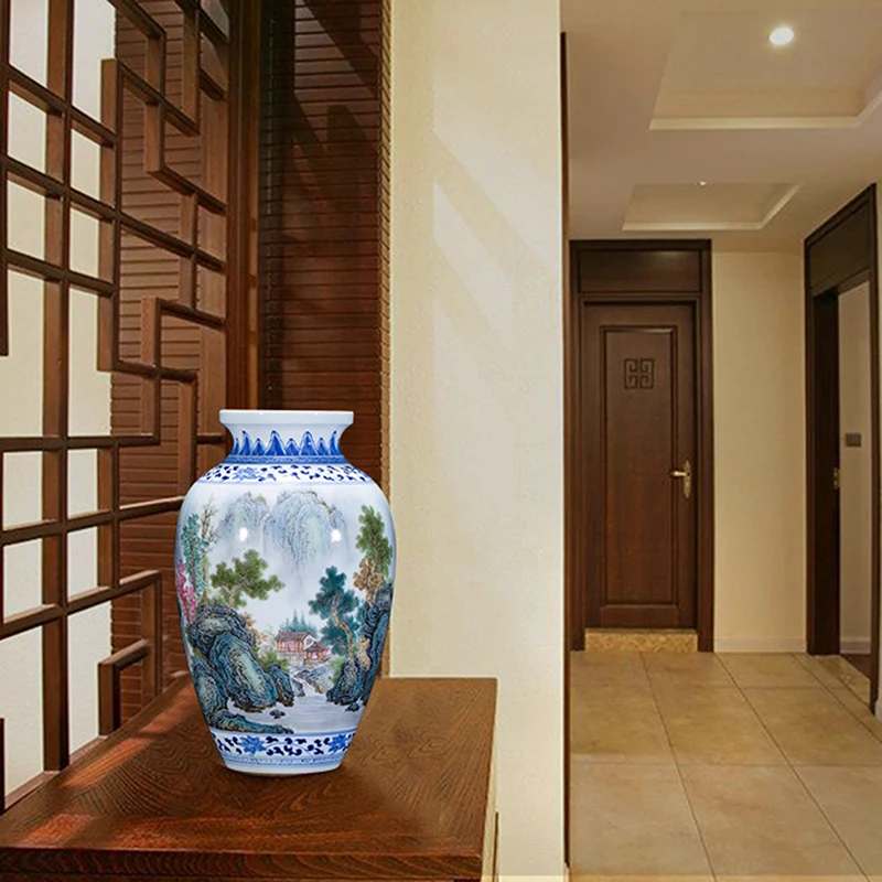 Ваза Jingdezhen Master ручная роспись сине-белая фарфоровая пейзажная живопись ваза