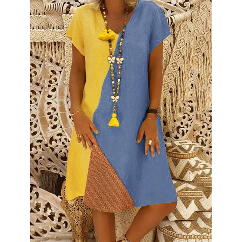 2019 summer fashion new stitching casual solid color V-neck short sleeve tri-color mosaic dress SJ2074Y | Женская одежда