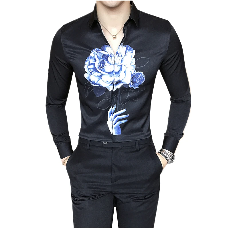 

Square Collar Men's Long Sleeve Flower Shirts White Black Size S M L XL 2XL 3XL Fashion Sexy Man Nightclub Slim Elegant Shirt