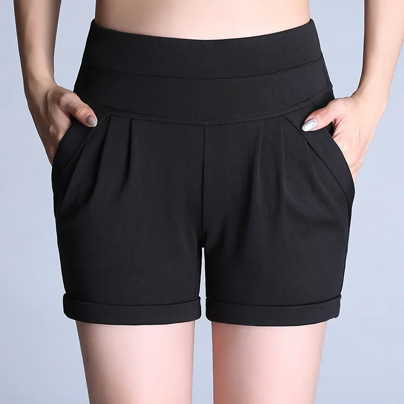 black shorts ATDYSPM размера плюс 6XL шорты женские с высокой талией повседневные короткие яркие цвета с высокой талией с карманами Плиссированные Свободные шорты Популярные Стрейчевые шорты - Цвет: black shorts