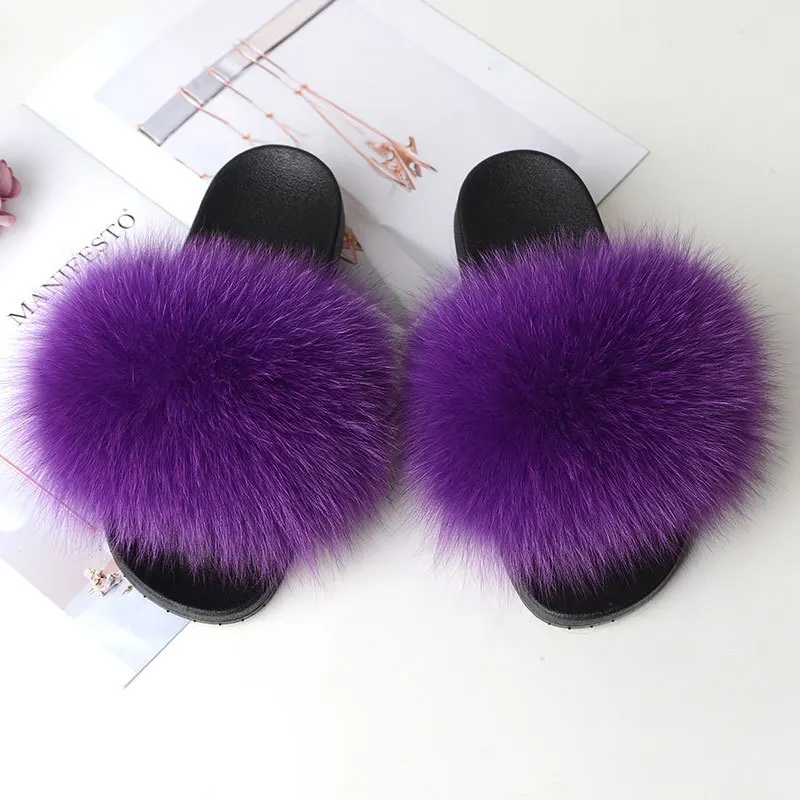 Dark purple VOTODA/тапочки с натуральным лисьим мехом; женские шлепанцы из пушистого меха енота; сандалии на плоской подошве с лисьим мехом; женские зимние теплые шлепанцы; модная плюшевая обувь - Цвет: Dark purple