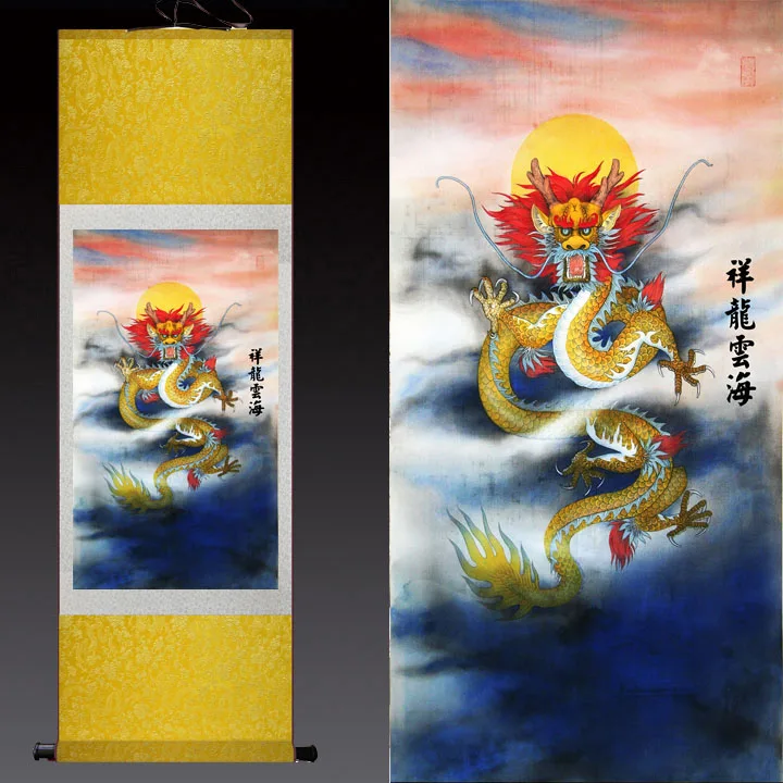 

wholesale # 2020 Home office WALL art TOP efficacious Protection Talisman FENG SHUI dragon art chinese silk painting