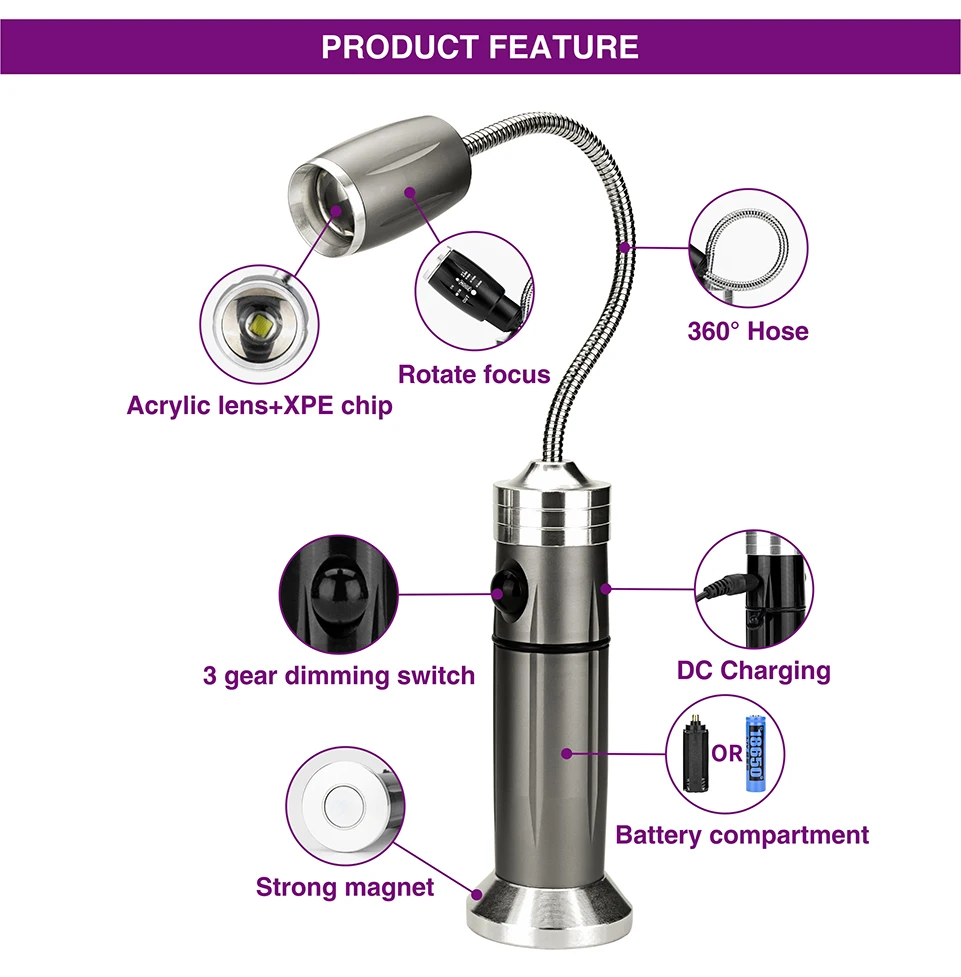 LED Portable Light Multifunctional Waterproof Working Lamp Magnetic Base Flexible Gooseneck Adjustable Focus Flashlight For BBQ