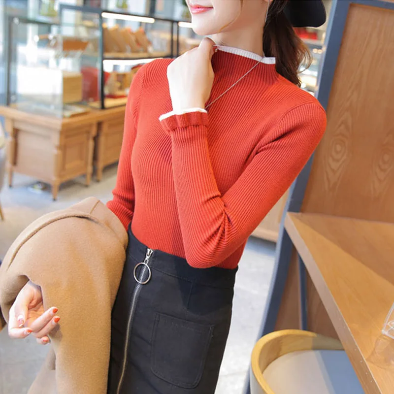 

OHRYIYIE Half Turtleneck Sweater Women 2020 New Fashion Ruffle Solid Color Sweater Female High Elasticity Knit Pullovers Jumper