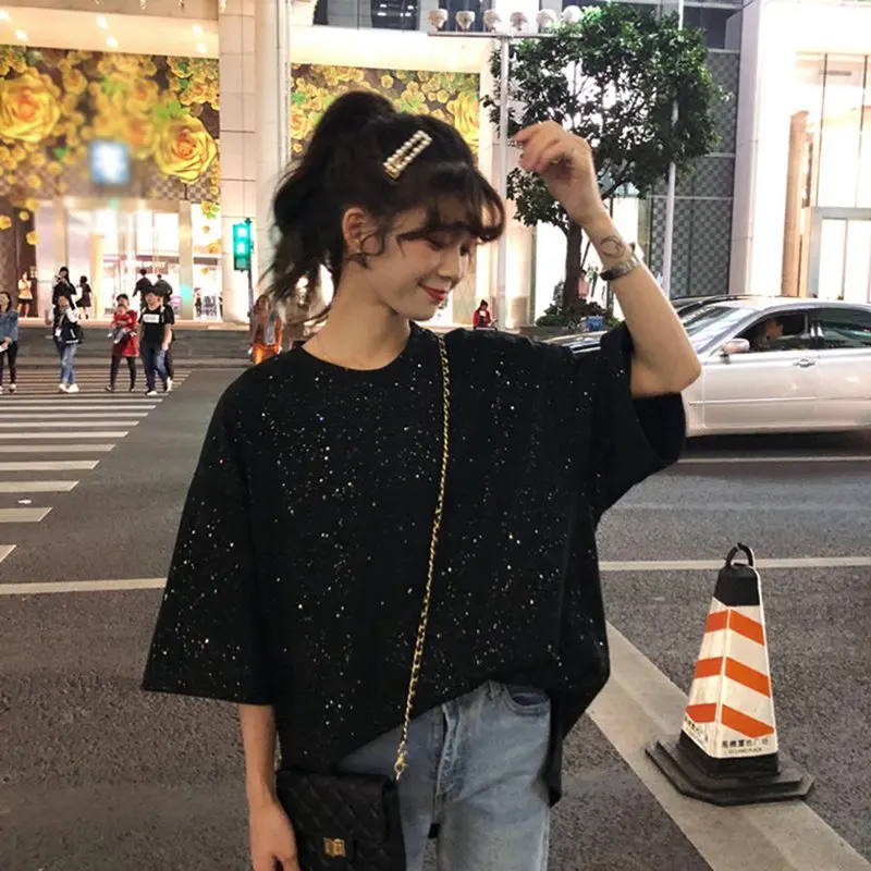 Новинка винтажная Женская хлопковая Футболка с круглым вырезом и блестками