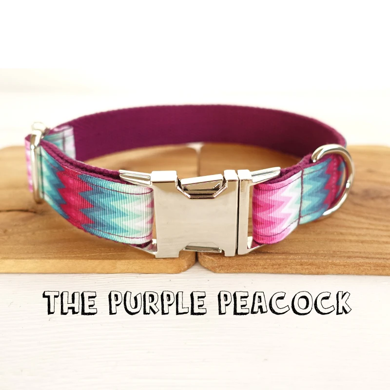 

Special Self-design Nylon Dog Collar and Leash Set Colorful Printed THE PURPLE PEACOCK Stripe for Small Large Dogs