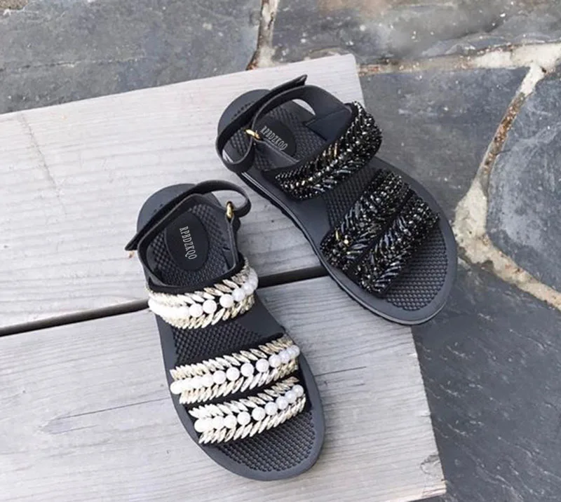 Flatform обувь роскошь белый Bling бриллиант плоские кристалл женщины насосы горный хрусталь высокое качество Harajuku сандалии с двойным ремнем жемчужный Лето квартира