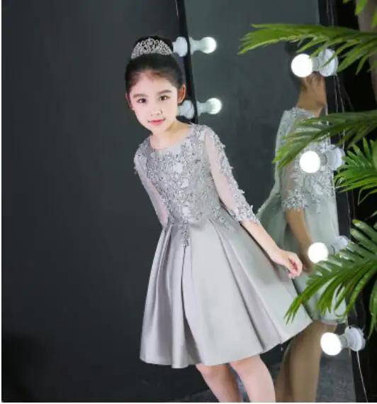 Short-Silver Платье принцессы костюмы для маленьких девочек вечернее платье для выпускного вечера Серебристые складки аппликации из кружева с цветами вечерние - Цвет: Short-Silver