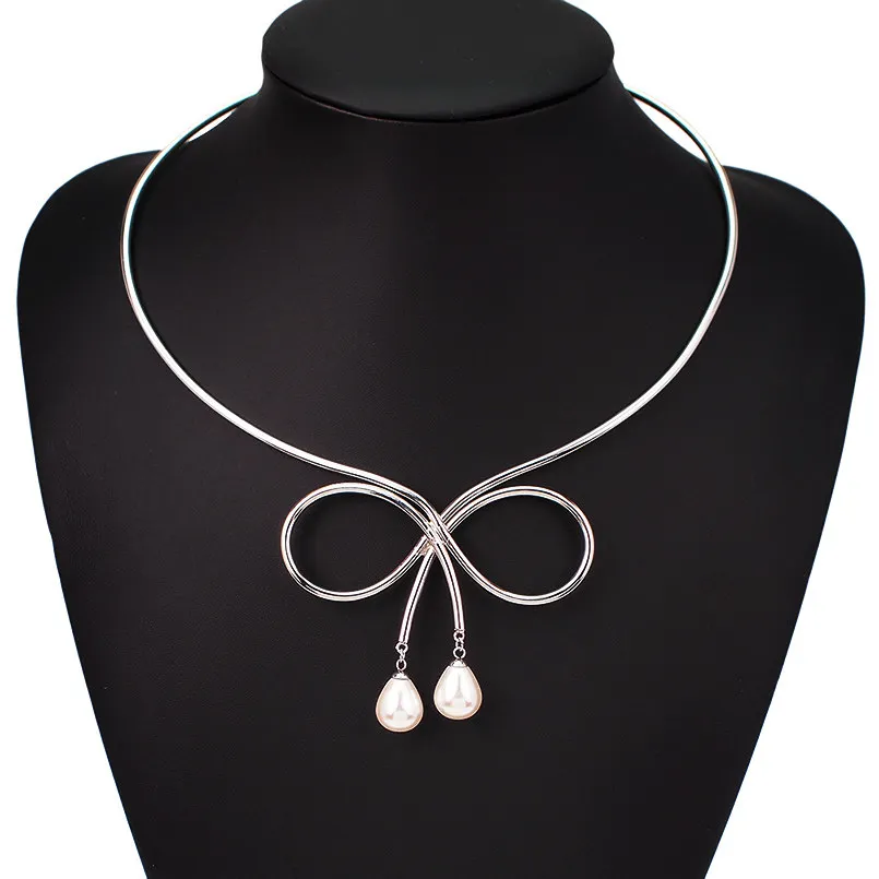 Silver Necklaces Ожерелье-чокер с искусственным жемчугом для женщин, Трендовое ожерелье с бантом из сплава, массивные подвески, ювелирные изделия UKMOC - Окраска металла: Silver Necklaces