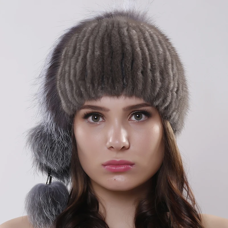 

Genuine Knitted Mink Fur Hat With Silver Fox Fur Pom Poms Beanies Winter Russia Style Women Real Fur Cap headdress