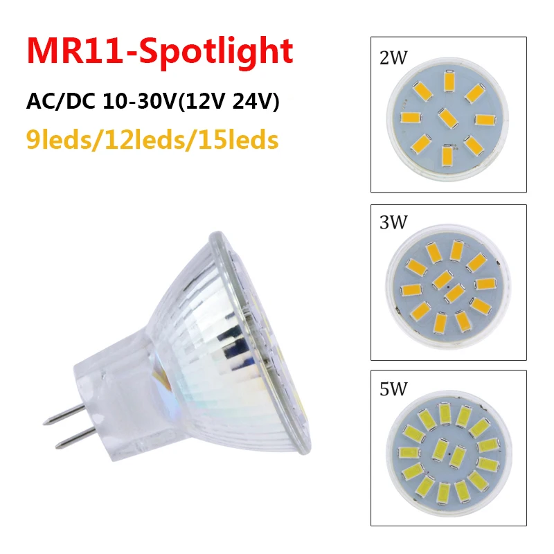 

MR11 LED Spotlight Bulb AC/DC 12V 24V Led Lamp GU4.0 5730 2W 3W 5W Spot light Lamp 20W 30W 50W Halogen Bulbs Equivalent 5pcs/lot