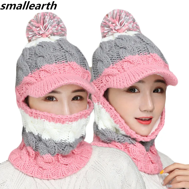 

Winter Women Knitted Hat Scarf One Piece Set Fashion Girl Wool Thickening Hats Collars Female Warm Plush Hat Scarf Set Snow Caps