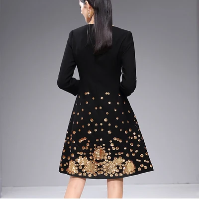 

Women European Style Sequined Embroidery Runway Dress New 2019 Spring Fashion Elegant Vintage Black Office Work Party Dresses