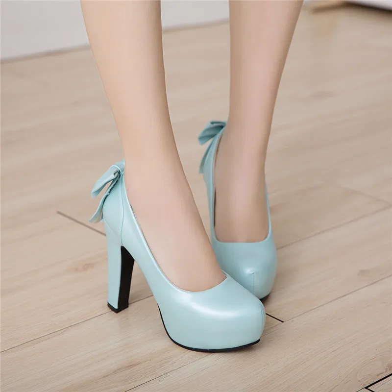 

YMECHIC 2019 Fashion Sweet Back Bowtie White Wedding Party Shoes Platform Blue Pink Office Woman Shoes High Heels Pumps Big Size