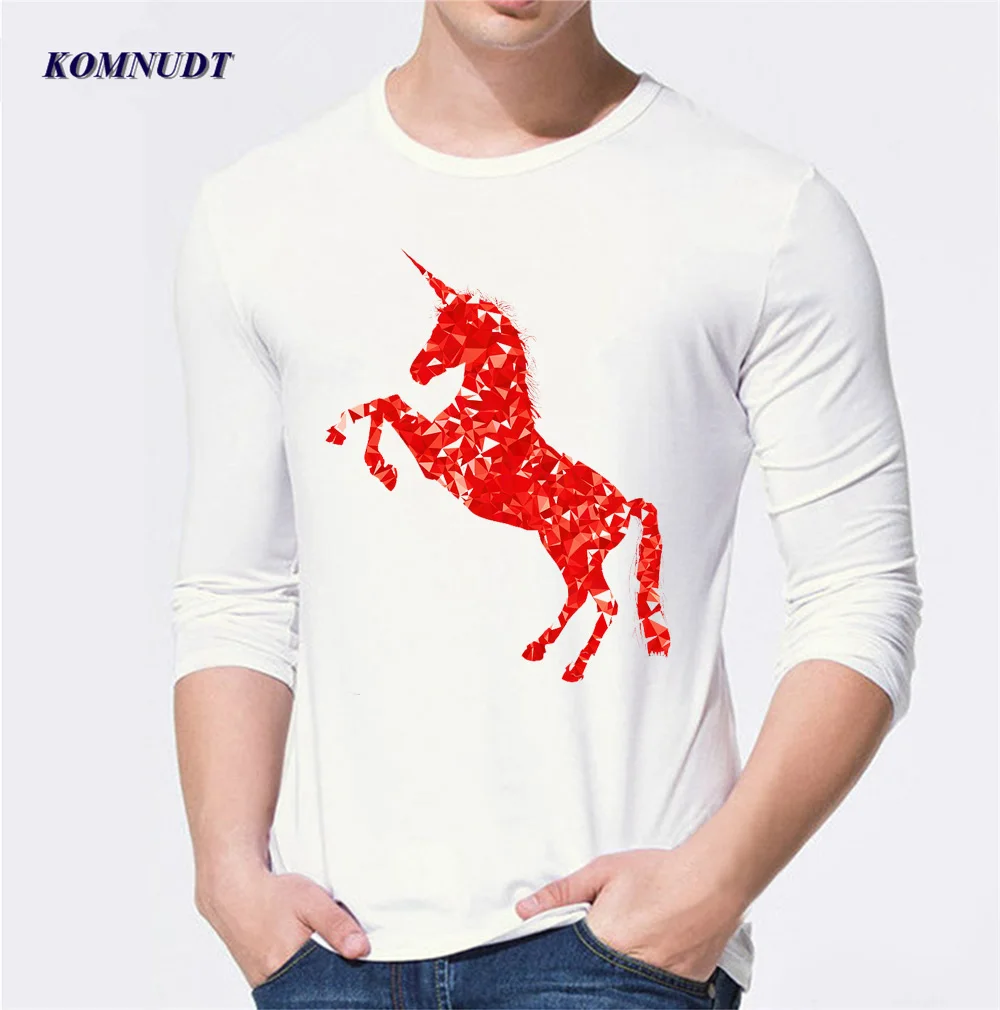 2018 красный кристалл Единорог печатных Для мужчин футболка длинный рукав