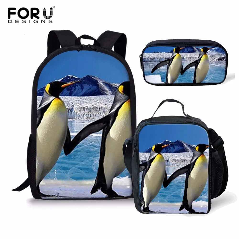 

FORUDESIGNS Penguin School Backpack Set For Kid Fashion School Bags Girls 16 inch Student Bookbag Children Custom School Bag Set
