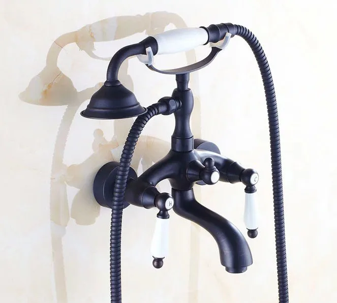 

Латунный смеситель с двойными керамическими ручками, настенный кран с креплением на когти, для ванной комнаты, душевой лейки, черного цвета, mtf551