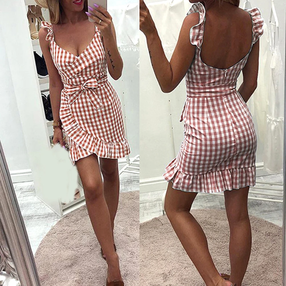 Женское повседневное клетчатое платье в винтажном стиле с оборками и открытой