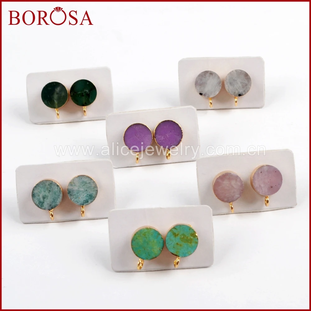 

BOROSA 5pairs Gold Color 10mm Round Natural Multi-kind Stone Stud Earrings with Charm for DIY Earrings for Women Jewelry G1535