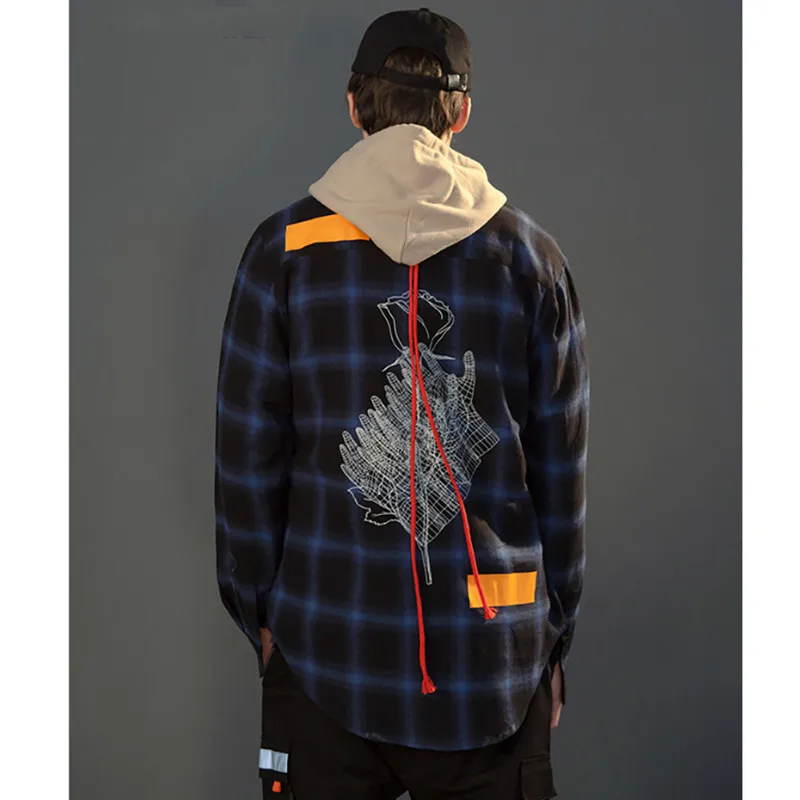 Мужские рубашки в клеточку хип-хоп с принтом розы длинными рукавами мужские