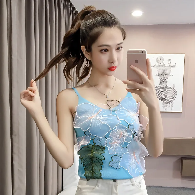 

Майки Топ летний трикотажный женский купальный костюм с цветочным узором без рукавов футболки с заплатками с вышивкой из сетчатого материа...