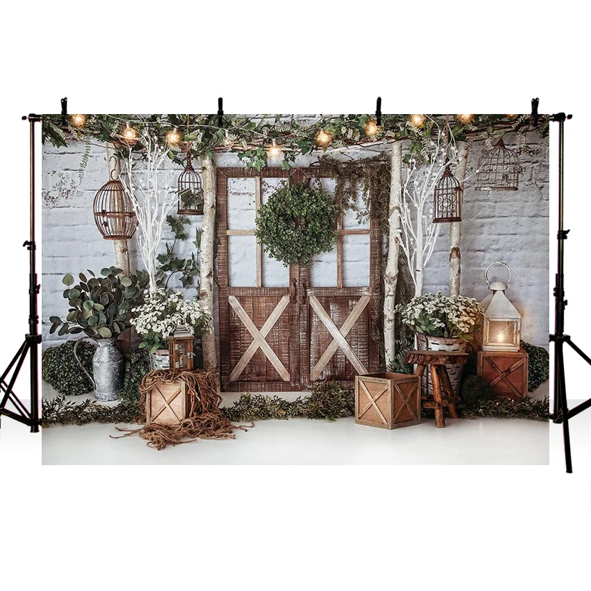 Кирпичная стена деревянные двери трава виноград игрушки Дети фон для фотостудии