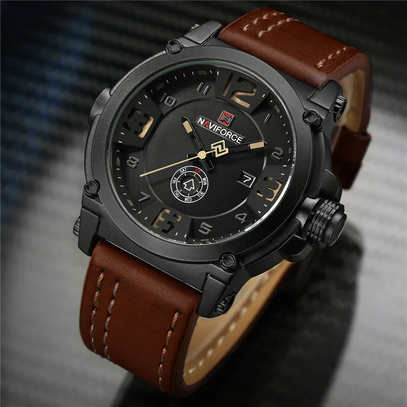 Мужские часы NAVIFORCE, спортивные водонепроницаемые мужские часы, военные армейские деловые кожаные кварцевые мужские часы 9099