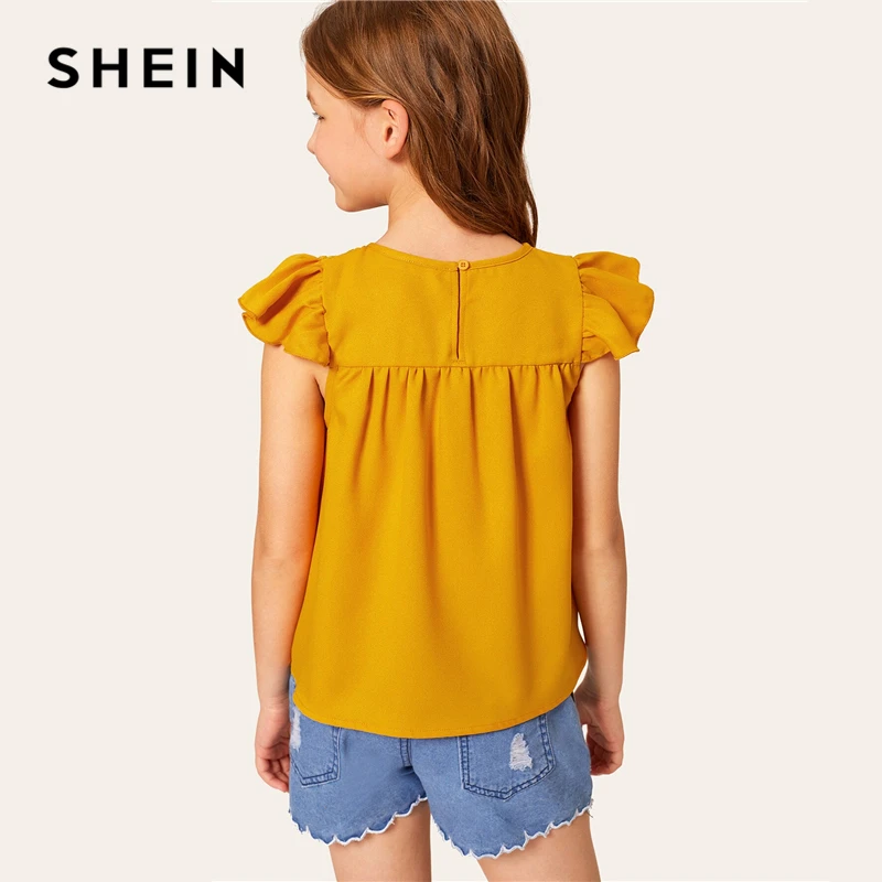 SHEIN/Милая однотонная блузка с кружевными вставками и рюшами на пройме для подростков; коллекция года; сезон лето; детская блузка на пуговицах с рукавом-бабочкой